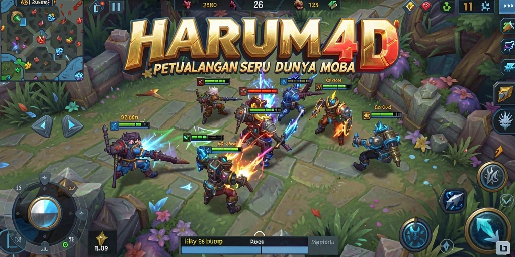 Tangkapan layar gameplay seru dari HARUM4D yang menunjukkan aksi MOBA.