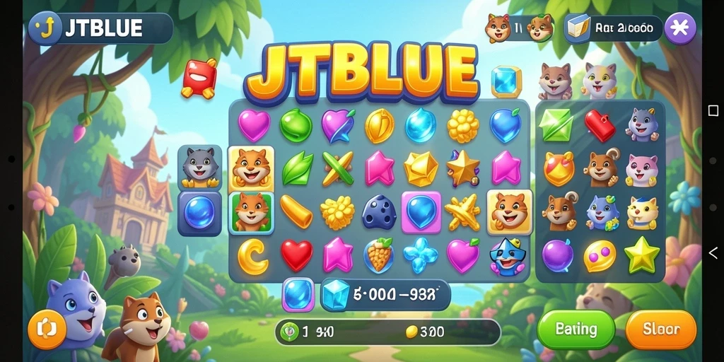 Tampilan seru gameplay JTBLUE dengan berbagai permata dan kombinasi warna.
