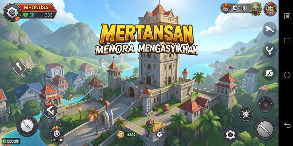 Tangkapan layar gameplay MPONUSA dengan pertahanan menara strategis.