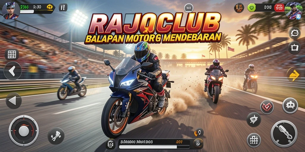Gameplay mendebarkan RAJACLUB dalam balapan motor yang intens.