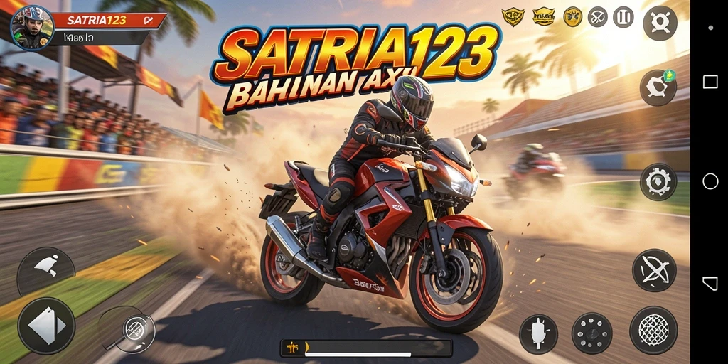 Tampilan gameplay seru dari SATRIA123 dengan balapan motor yang mendebarkan.